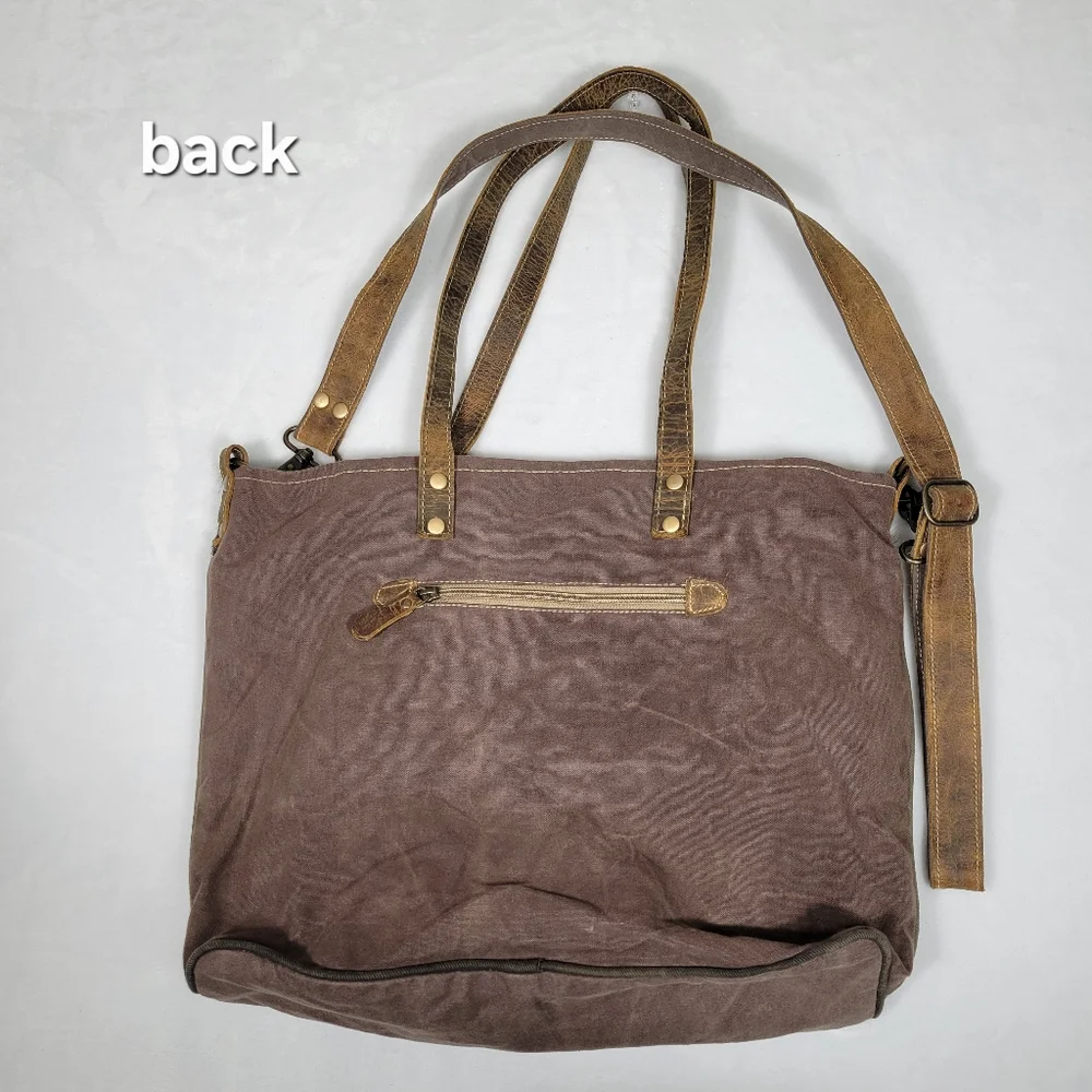 Myra EUC Ace Cowhide Canvas Messenger Bag Leather Straps Bohowestern Aztec Retro - Picture 2 of 16